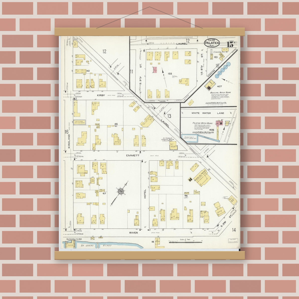 Old map wall art mockup — magnetic wood frame on brick wall — Sanborn Fire Insurance Map from Palatka, Putnam County, Florida (1915), Sheet #0015