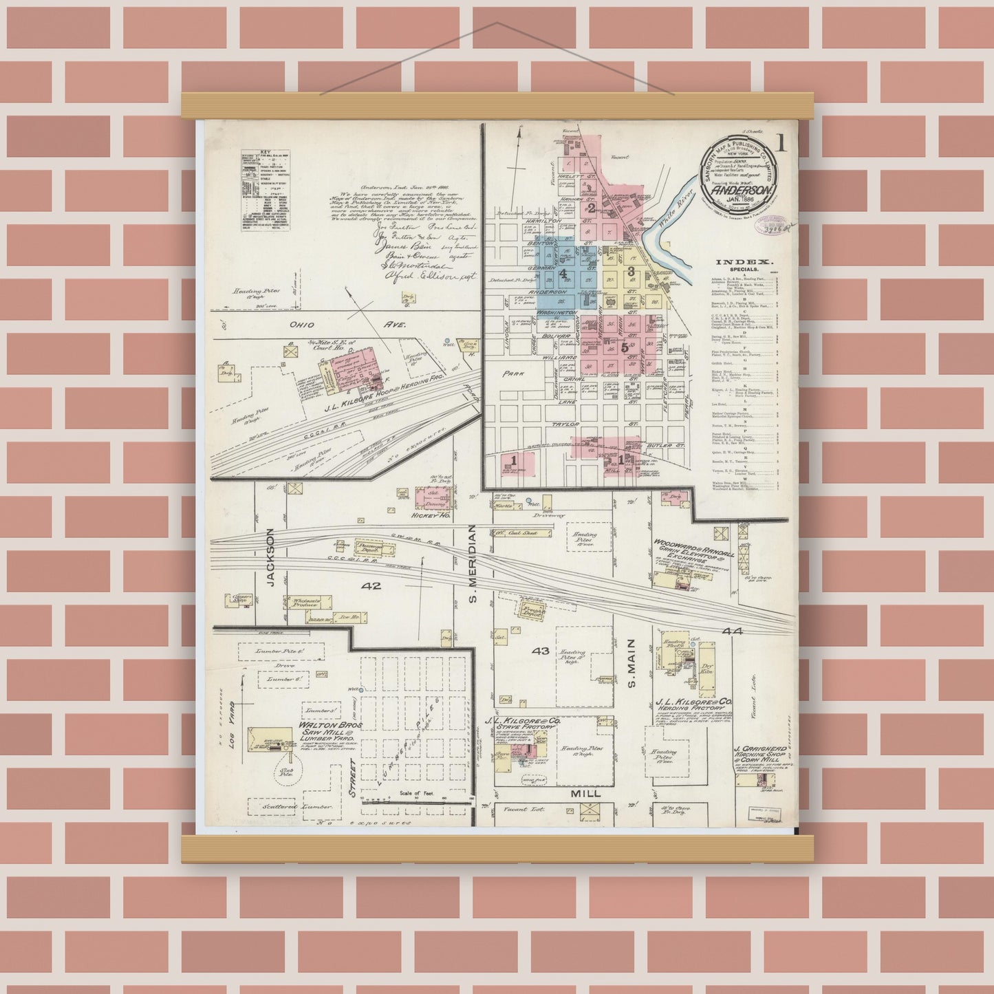 Old map wall art mockup — magnetic wood frame on brick wall — Sanborn Fire Insurance Map from Anderson, Madison County, Indiana (1886) - Complete Map Set