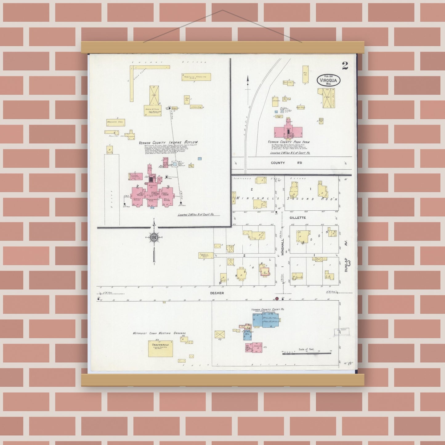 Old map wall art mockup — magnetic wood frame on brick wall — Sanborn Fire Insurance Map from Viroqua, Vernon County, Wisconsin (1911), Sheet #0002