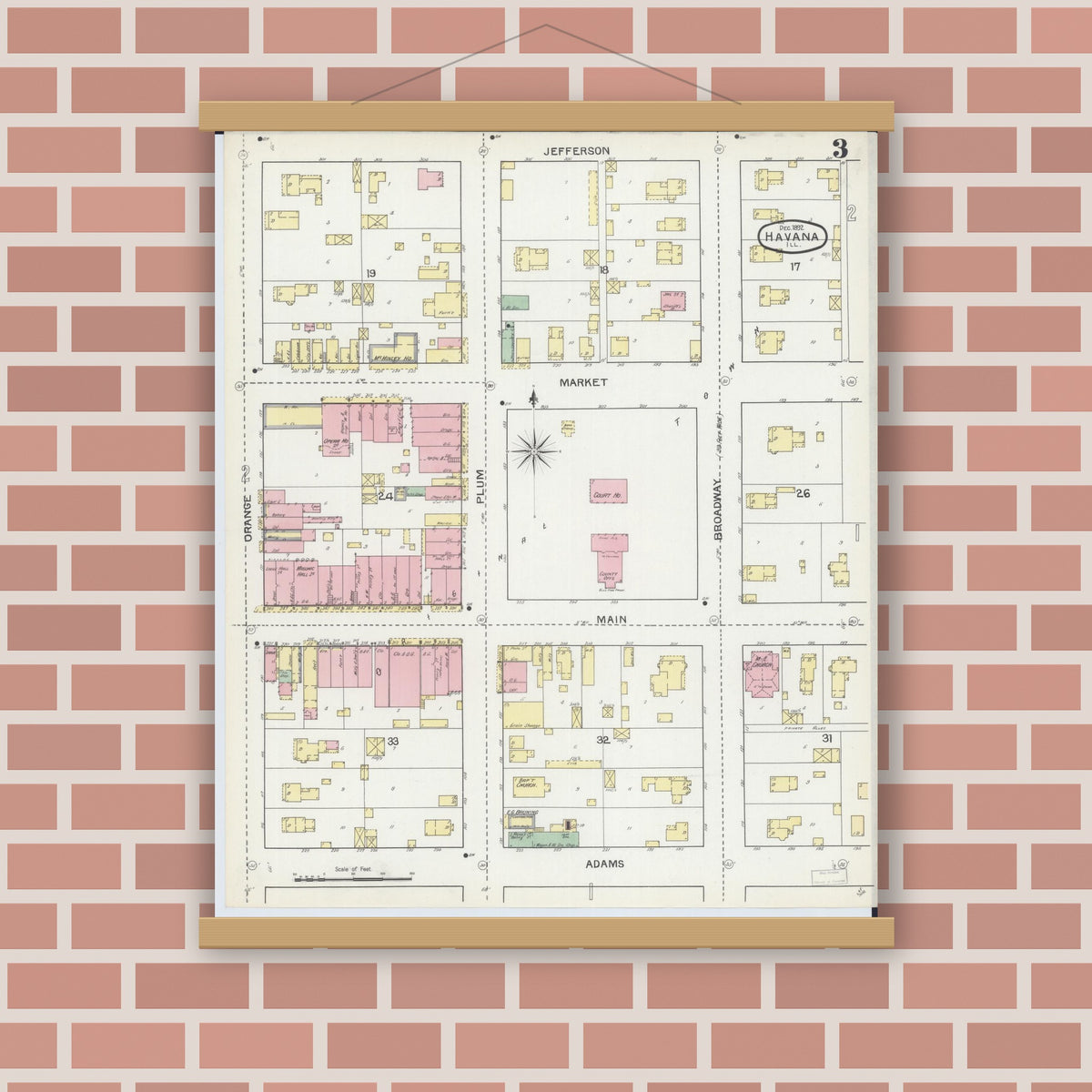 Old map wall art mockup — magnetic wood frame on brick wall — Sanborn Fire Insurance Map from Havana, Mason County, Illinois (1892), Sheet #0003