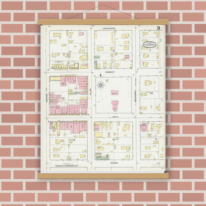 Old map wall art mockup — magnetic wood frame on brick wall — Sanborn Fire Insurance Map from Havana, Mason County, Illinois (1892), Sheet #0003
