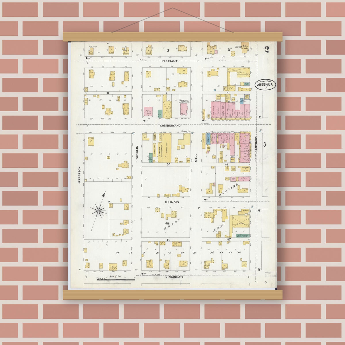 Old map wall art mockup — magnetic wood frame on brick wall — Sanborn Fire Insurance Map from Greenup, Cumberland County, Illinois (1906), Sheet #0002