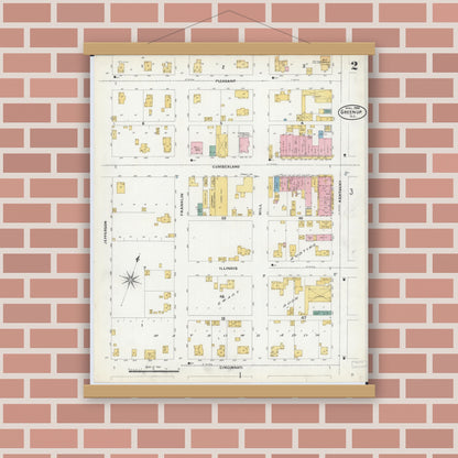 Old map wall art mockup — magnetic wood frame on brick wall — Sanborn Fire Insurance Map from Greenup, Cumberland County, Illinois (1906), Sheet #0002