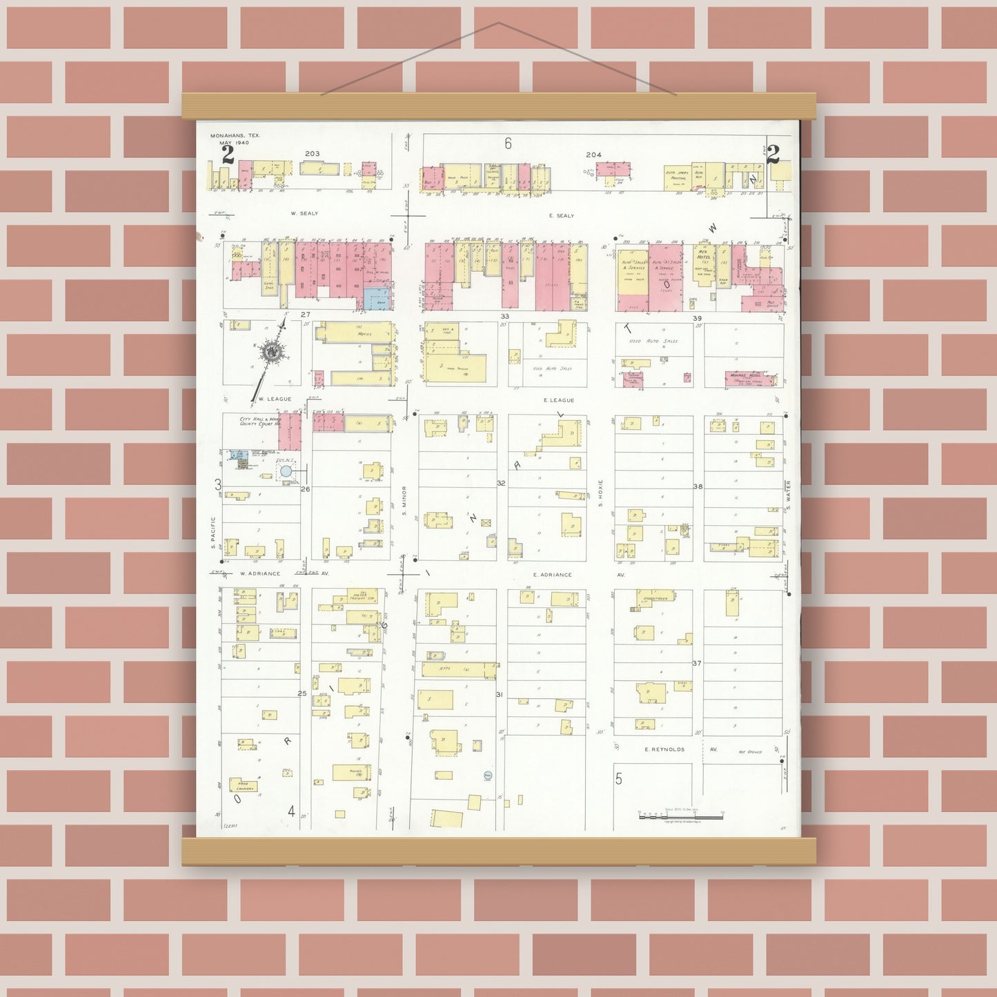 Old map wall art mockup — magnetic wood frame on brick wall — Sanborn Fire Insurance Map from Monahans, Ward County, Texas (1940), Sheet #0002
