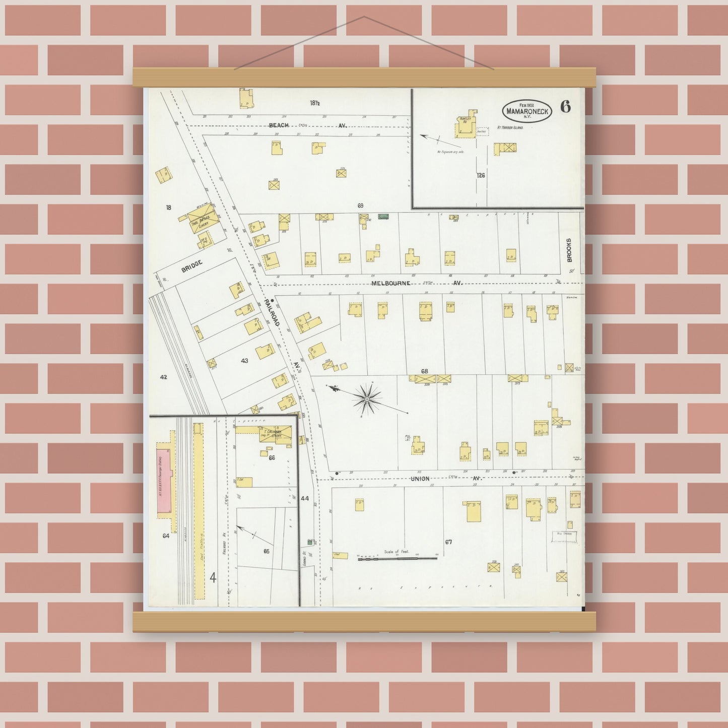 Old map wall art mockup — magnetic wood frame on brick wall — Sanborn Fire Insurance Map from Mamaroneck, Westchester County, New York (1902), Sheet #0006