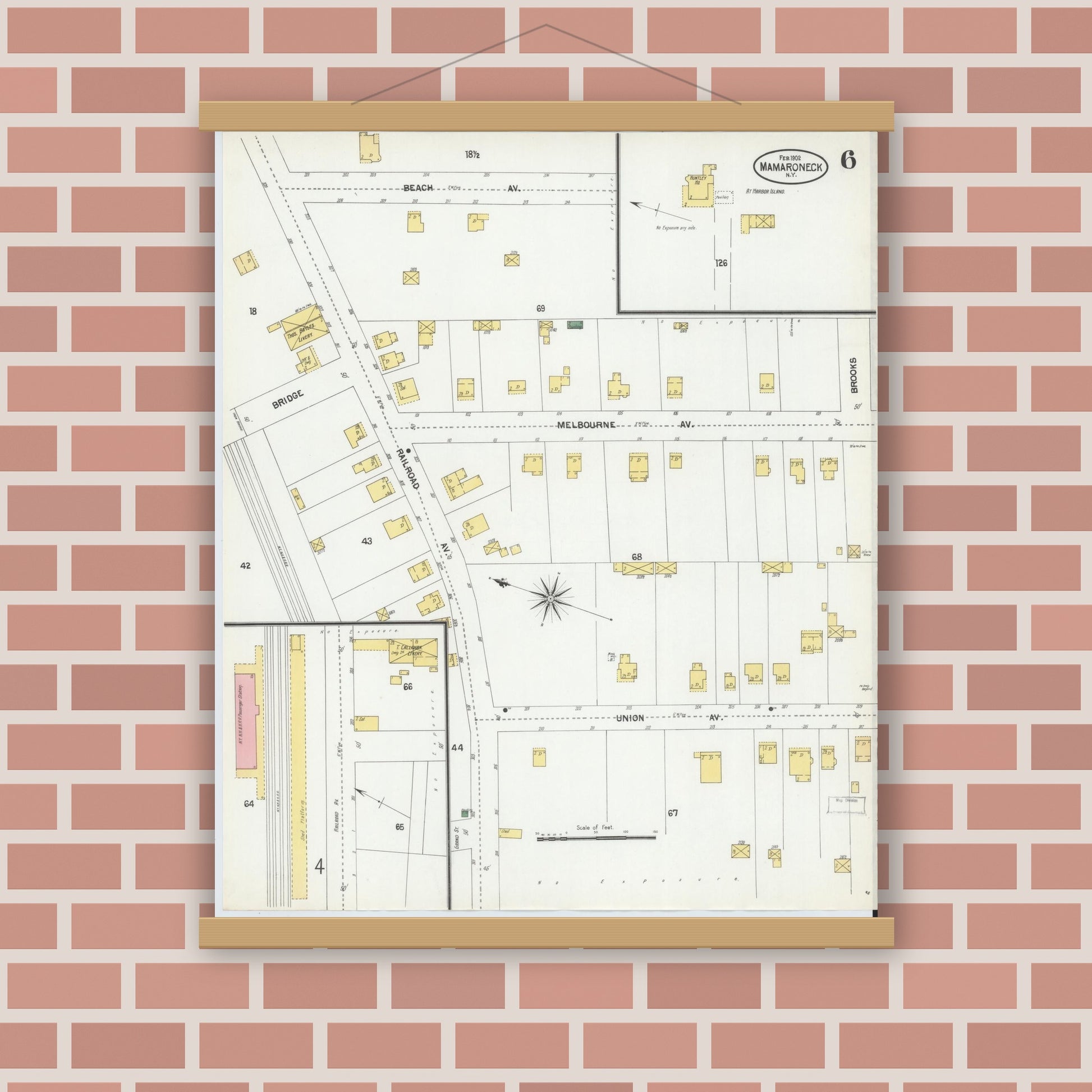 Old map wall art mockup — magnetic wood frame on brick wall — Sanborn Fire Insurance Map from Mamaroneck, Westchester County, New York (1902), Sheet #0006