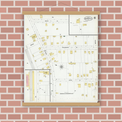 Old map wall art mockup — magnetic wood frame on brick wall — Sanborn Fire Insurance Map from Mamaroneck, Westchester County, New York (1902), Sheet #0006
