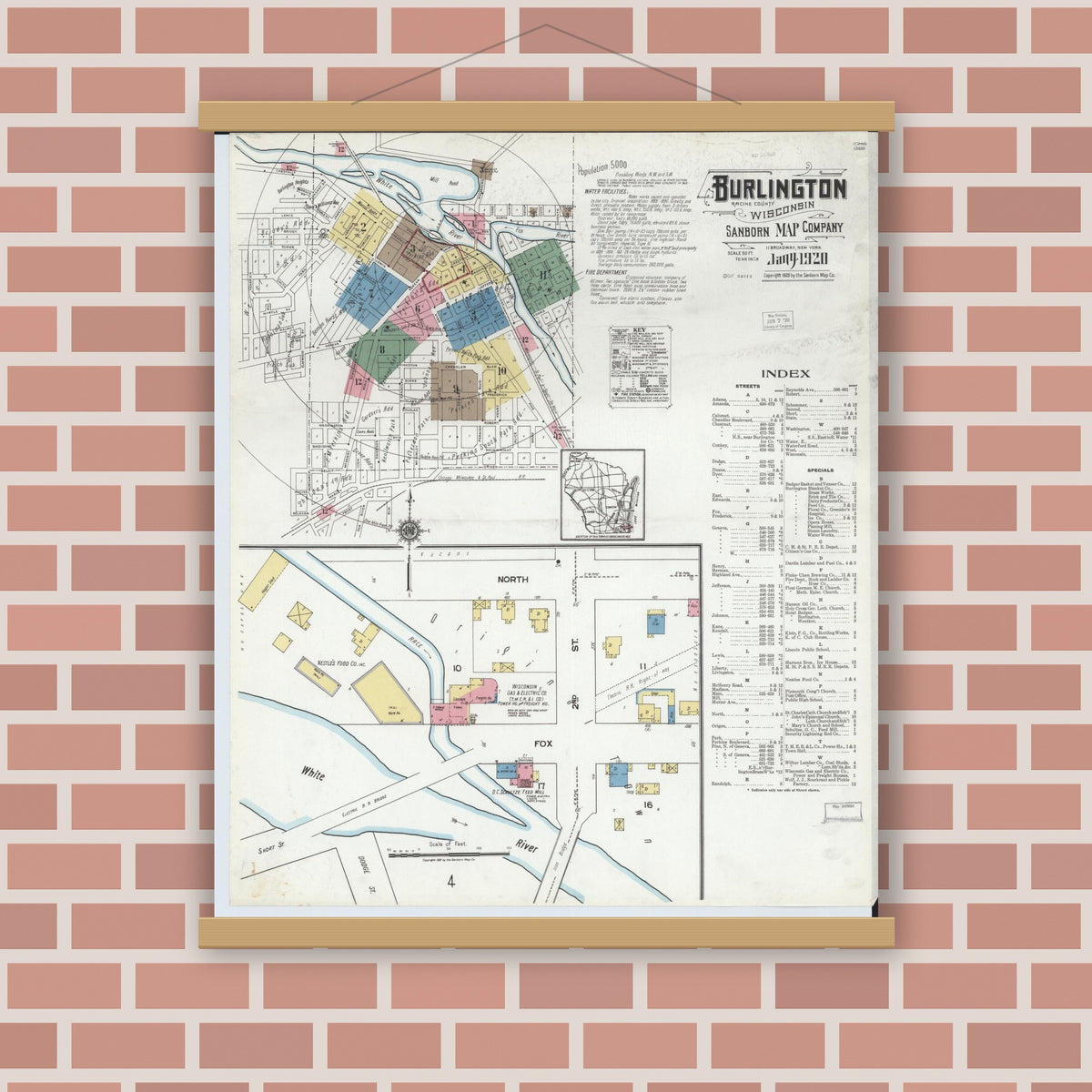 Old map wall art mockup — magnetic wood frame on brick wall — Sanborn Fire Insurance Map from Burlington, Racine County, Wisconsin (1920), Sheet #0001