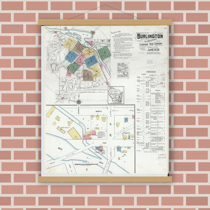 Old map wall art mockup — magnetic wood frame on brick wall — Sanborn Fire Insurance Map from Burlington, Racine County, Wisconsin (1920), Sheet #0001