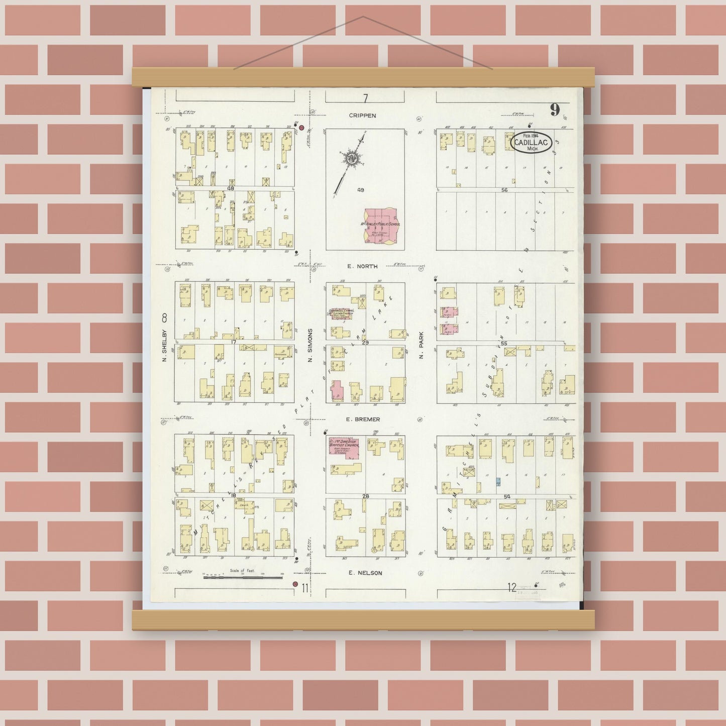 Old map wall art mockup — magnetic wood frame on brick wall — Sanborn Fire Insurance Map from Cadillac, Wexford County, Michigan (1914), Sheet #0009