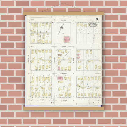 Old map wall art mockup — magnetic wood frame on brick wall — Sanborn Fire Insurance Map from Cadillac, Wexford County, Michigan (1914), Sheet #0009