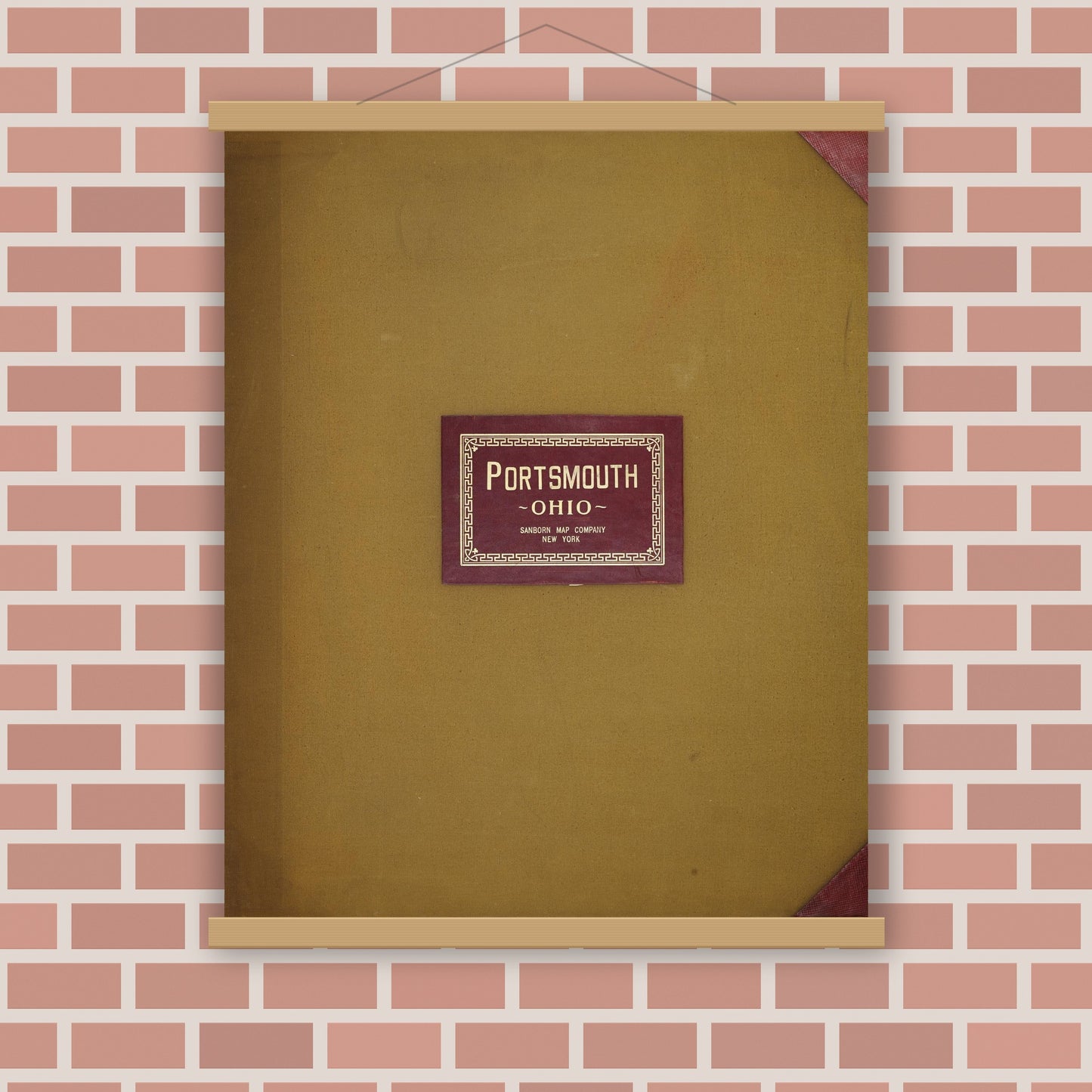 Old map wall art mockup — magnetic wood frame on brick wall — Sanborn Fire Insurance Map from Portsmouth, Scioto County, Ohio (1950), Sheet #0001
