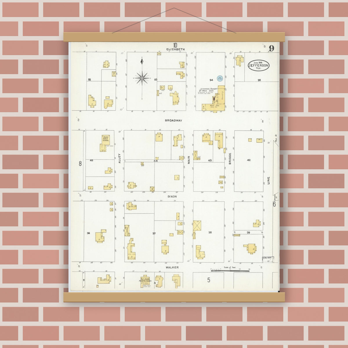 Old map wall art mockup — magnetic wood frame on brick wall — Sanborn Fire Insurance Map from Jefferson, Marion County, Texas (1906), Sheet #0009