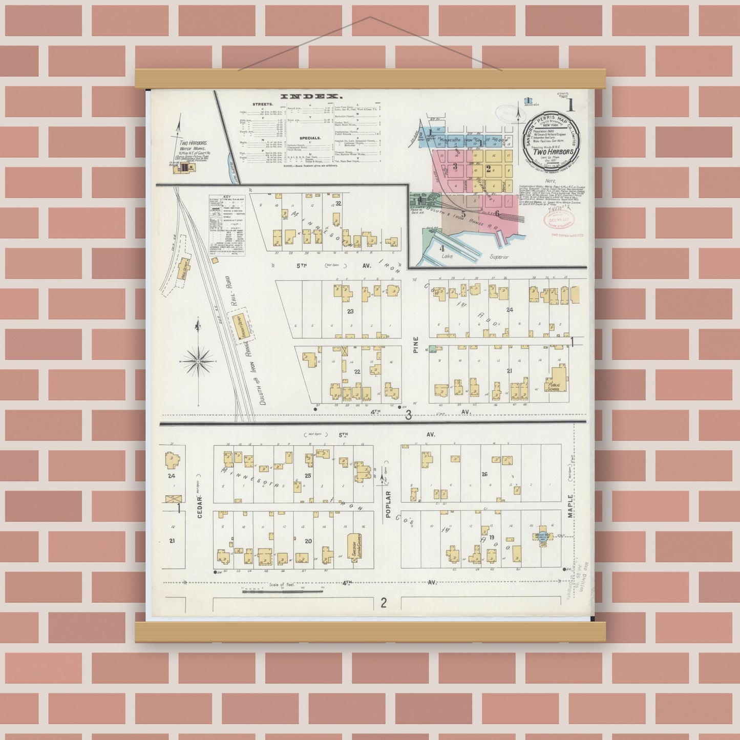 Old map wall art mockup — magnetic wood frame on brick wall — Sanborn Fire Insurance Map from Two Harbors, Lake County, Minnesota (1897) - Complete Map Set
