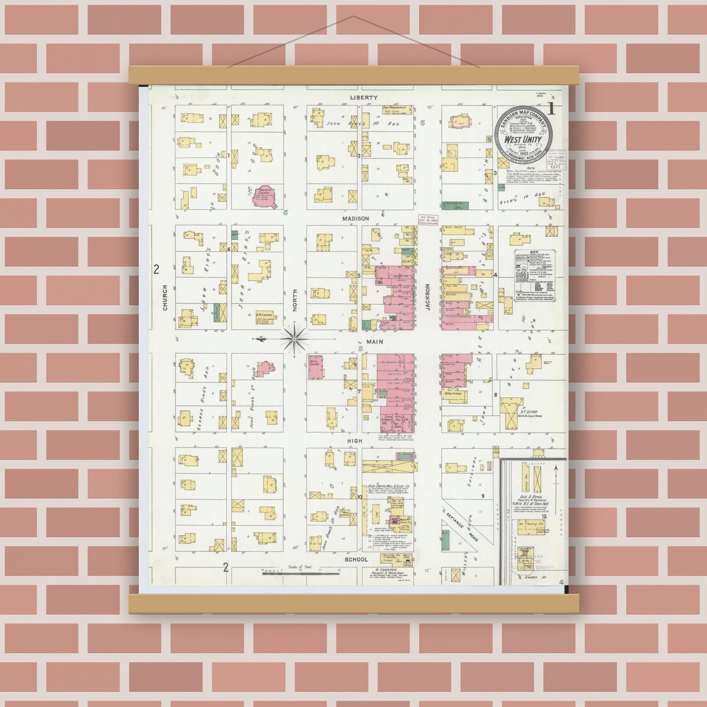 Old map wall art mockup — magnetic wood frame on brick wall — Sanborn Fire Insurance Map from West Unity, Williams County, Ohio (1905), Sheet #0001