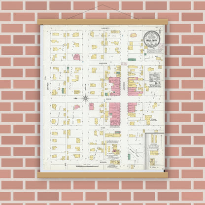 Old map wall art mockup — magnetic wood frame on brick wall — Sanborn Fire Insurance Map from West Unity, Williams County, Ohio (1905), Sheet #0001