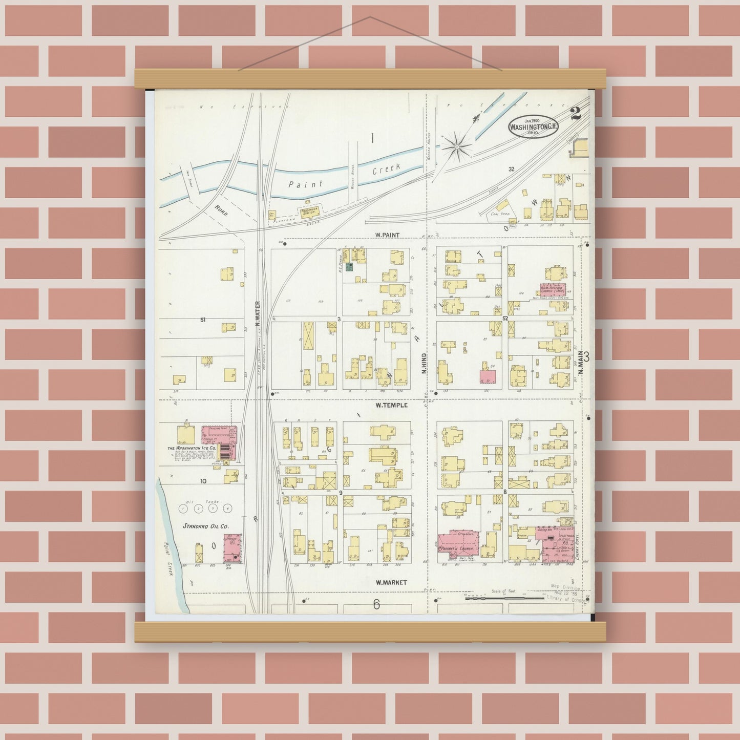 Old map wall art mockup — magnetic wood frame on brick wall — Sanborn Fire Insurance Map from Washington Court House, Fayette County, Ohio (1900), Sheet #0002