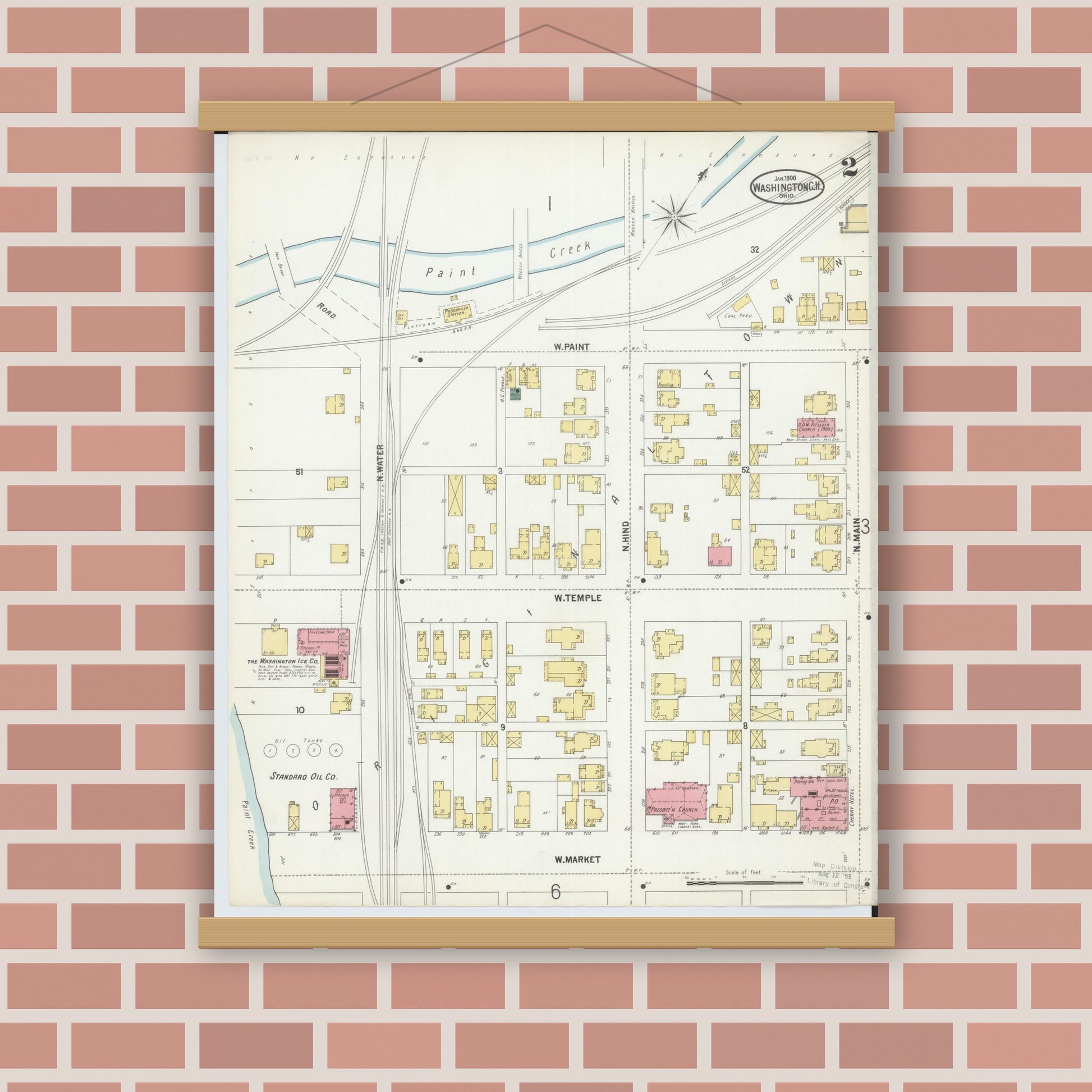 Old map wall art mockup — magnetic wood frame on brick wall — Sanborn Fire Insurance Map from Washington Court House, Fayette County, Ohio (1900), Sheet #0002