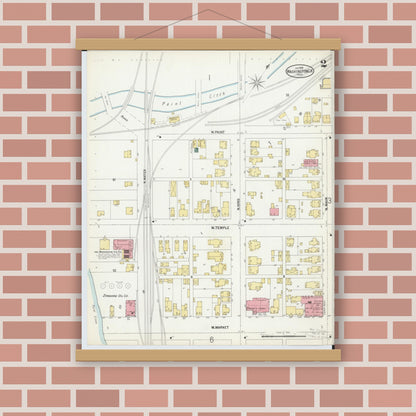 Old map wall art mockup — magnetic wood frame on brick wall — Sanborn Fire Insurance Map from Washington Court House, Fayette County, Ohio (1900), Sheet #0002