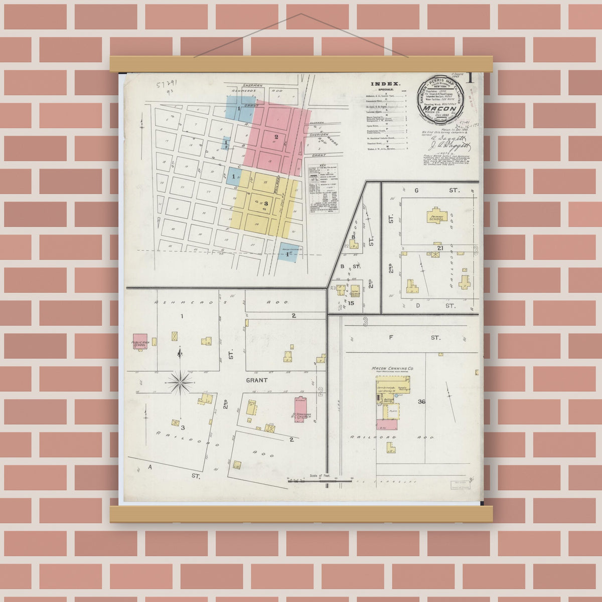 Old map wall art mockup — magnetic wood frame on brick wall — Sanborn Fire Insurance Map from Macon, Macon County, Illinois (1893) - Complete Map Set