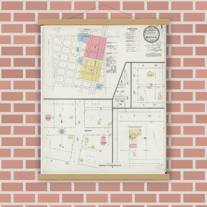 Old map wall art mockup — magnetic wood frame on brick wall — Sanborn Fire Insurance Map from Macon, Macon County, Illinois (1893) - Complete Map Set