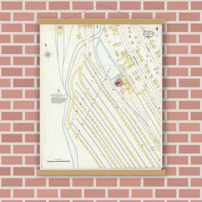 Old map wall art mockup — magnetic wood frame on brick wall — Sanborn Fire Insurance Map from Austin, Potter County, Pennsylvania (1898), Sheet #0004