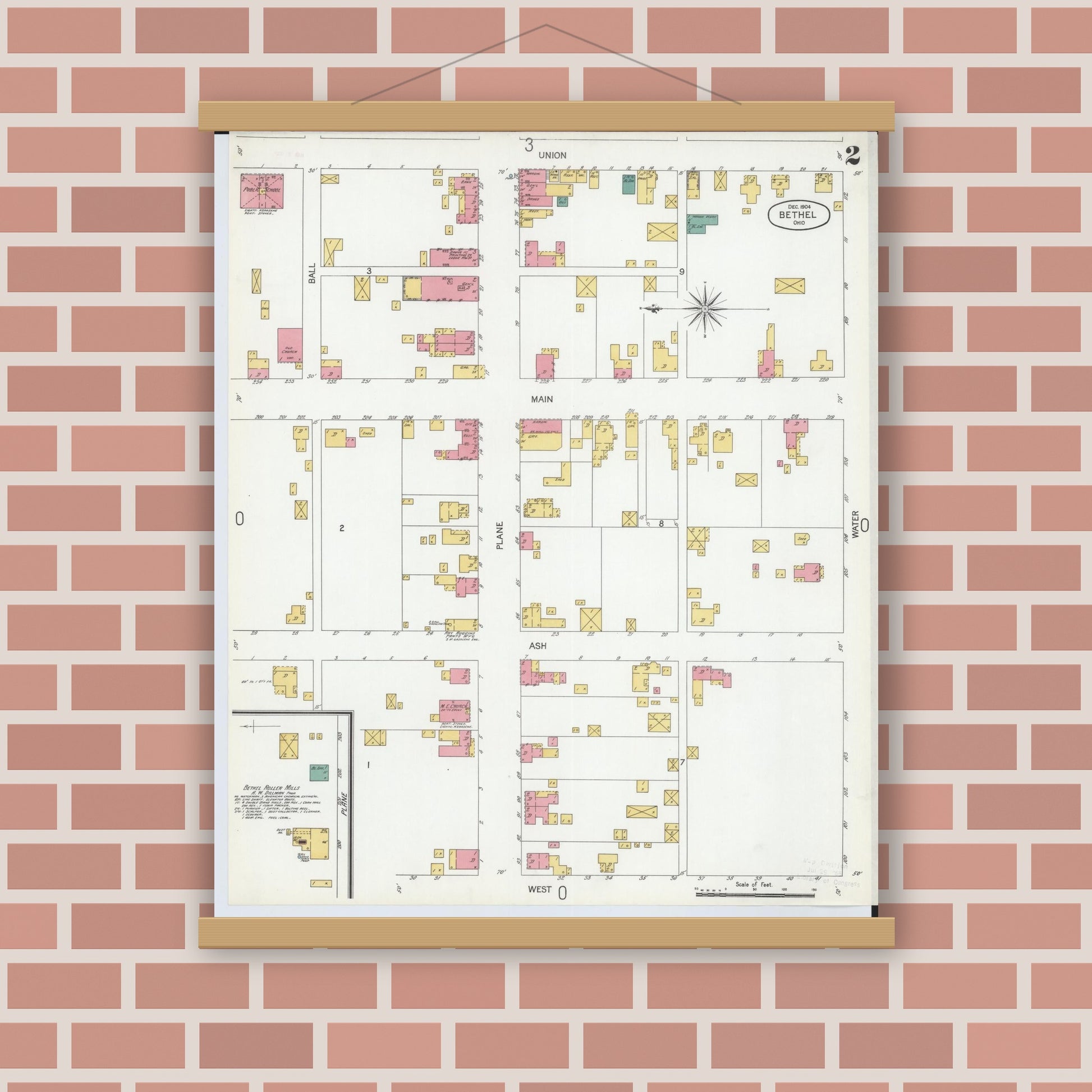 Old map wall art mockup — magnetic wood frame on brick wall — Sanborn Fire Insurance Map from Bethel, Clermont County, Ohio (1904), Sheet #0002