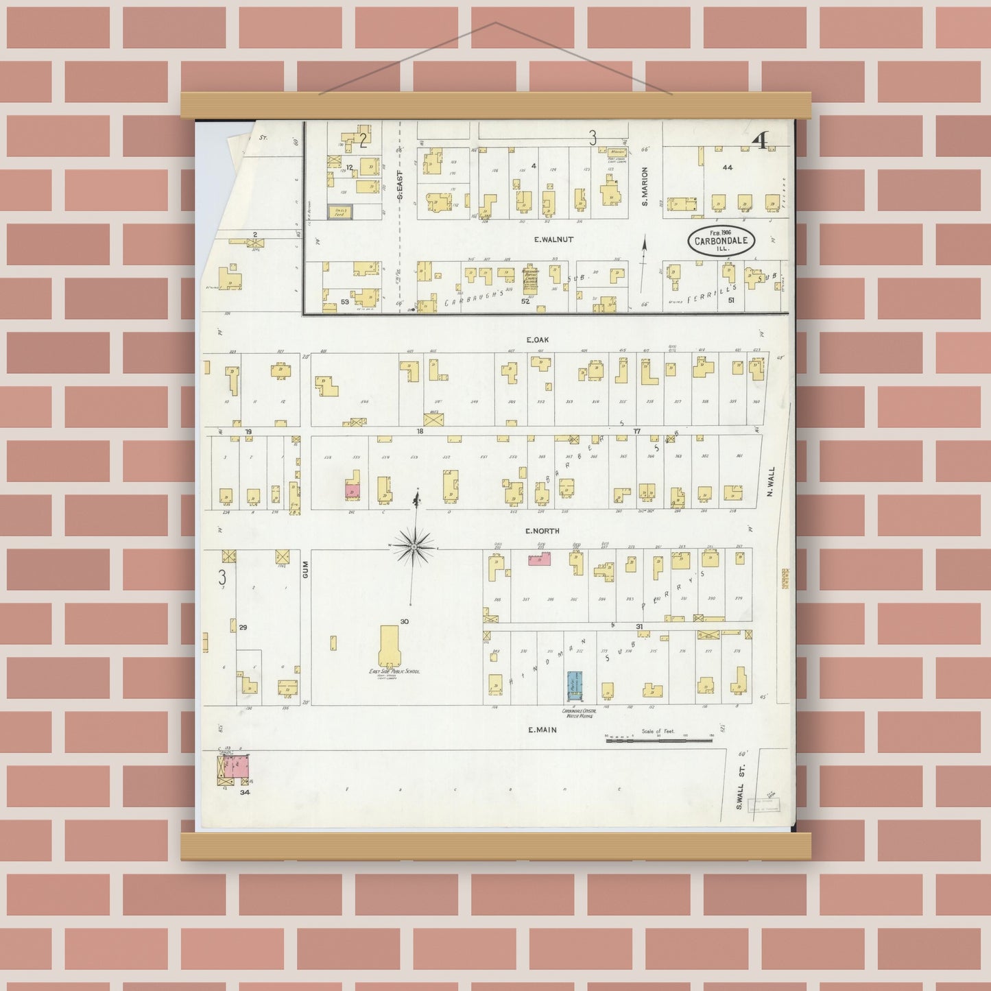 Old map wall art mockup — magnetic wood frame on brick wall — Sanborn Fire Insurance Map from Carbondale, Jackson County, Illinois (1906), Sheet #0004