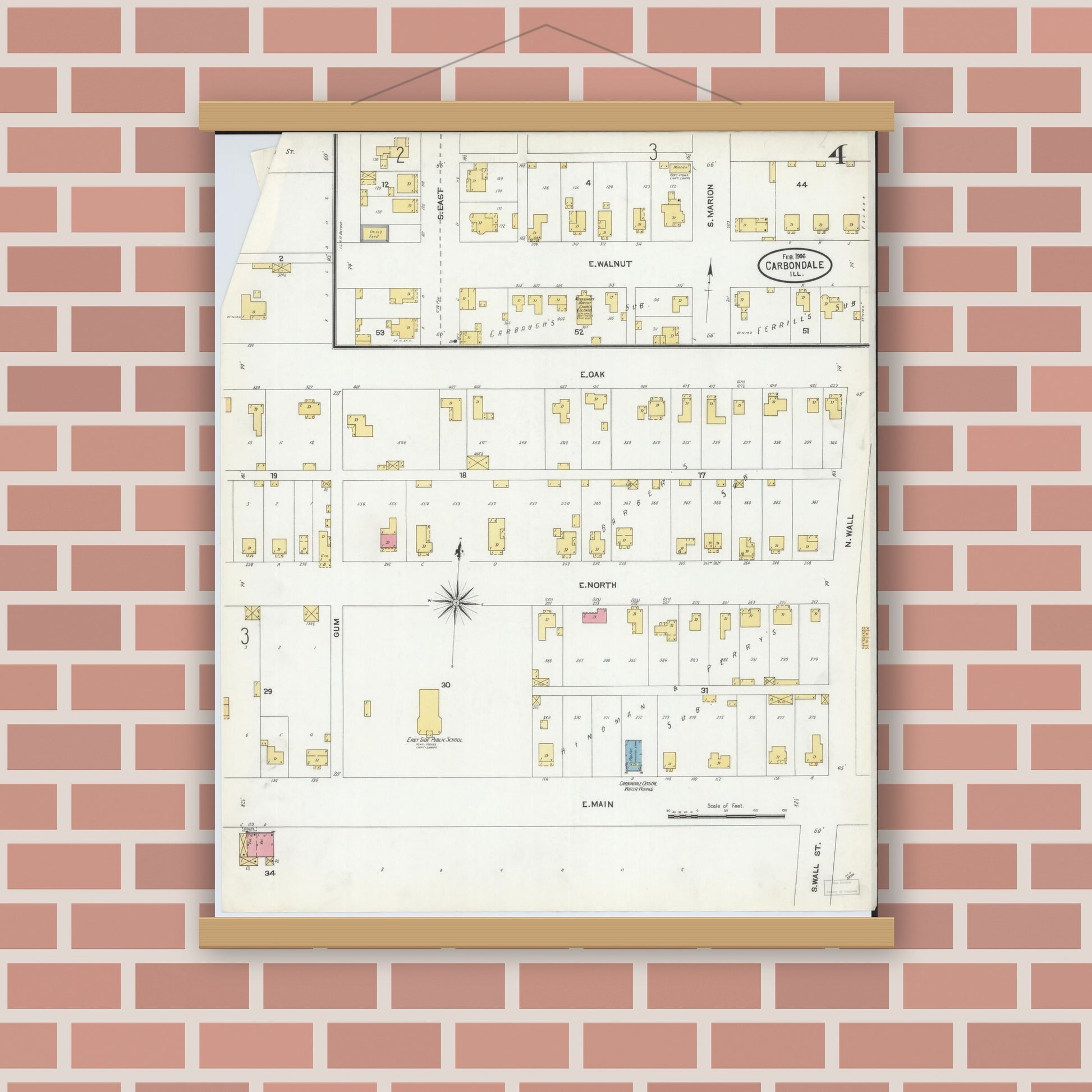 Old map wall art mockup — magnetic wood frame on brick wall — Sanborn Fire Insurance Map from Carbondale, Jackson County, Illinois (1906), Sheet #0004