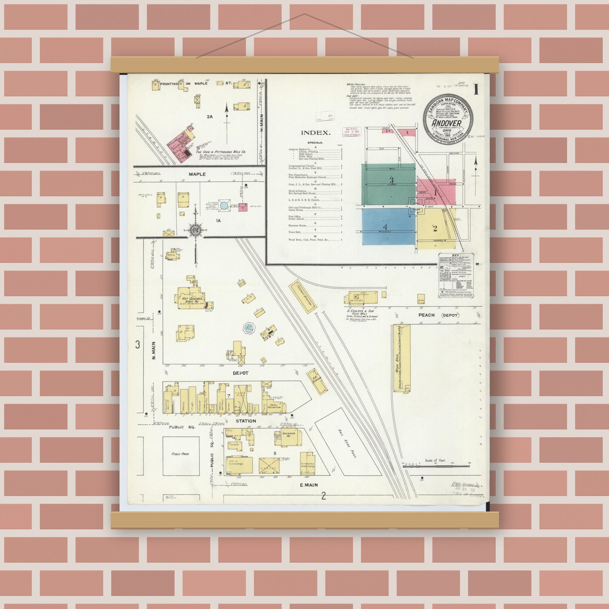 Old map wall art mockup — magnetic wood frame on brick wall — Sanborn Fire Insurance Map from Andover, Ashtabula County, Ohio (1911), Sheet #0001