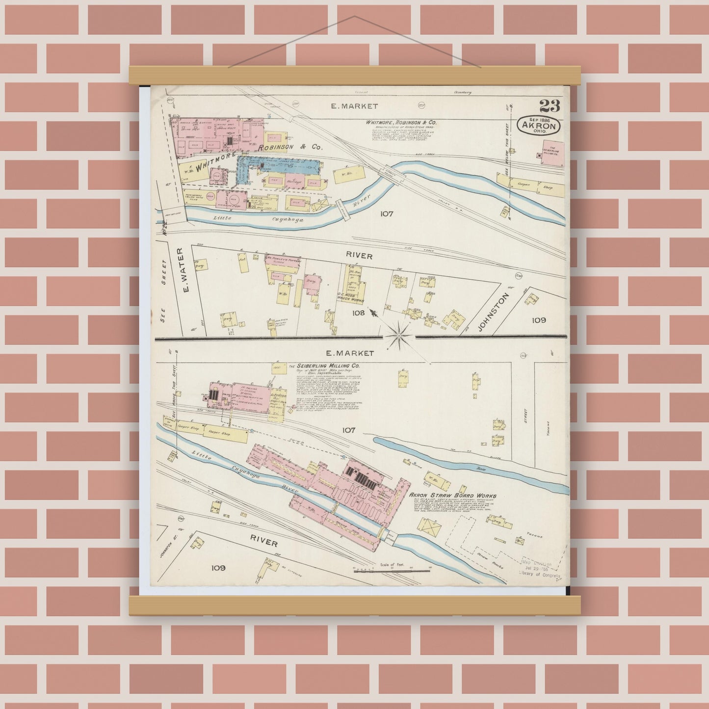 Old map wall art mockup — magnetic wood frame on brick wall — Sanborn Fire Insurance Map from Akron, Summit County, Ohio (1886), Sheet #0023