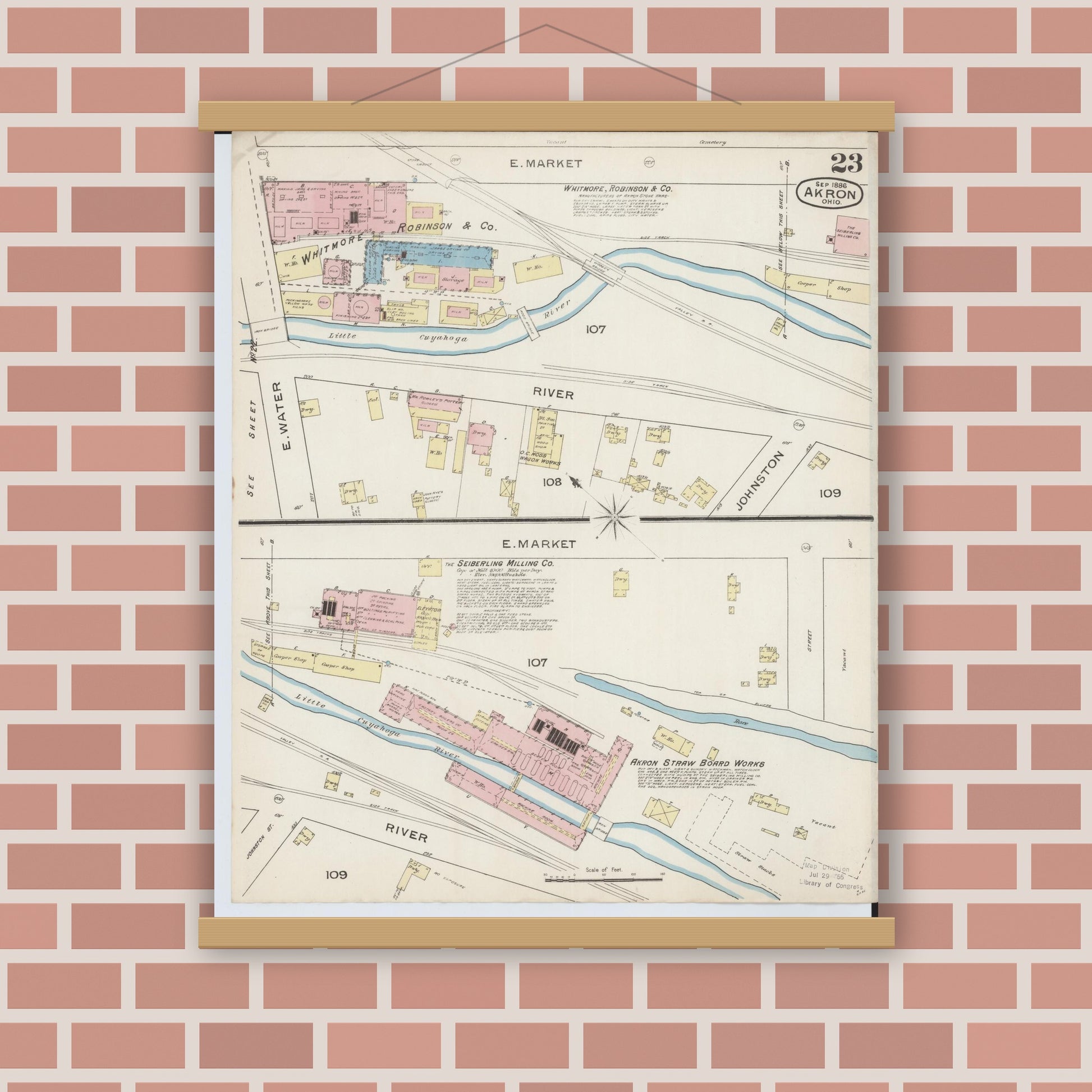 Old map wall art mockup — magnetic wood frame on brick wall — Sanborn Fire Insurance Map from Akron, Summit County, Ohio (1886), Sheet #0023