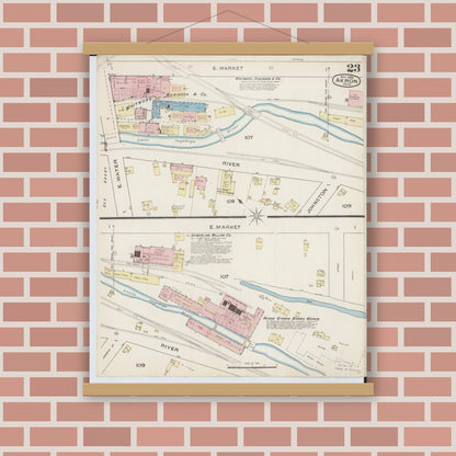 Old map wall art mockup — magnetic wood frame on brick wall — Sanborn Fire Insurance Map from Akron, Summit County, Ohio (1886), Sheet #0023