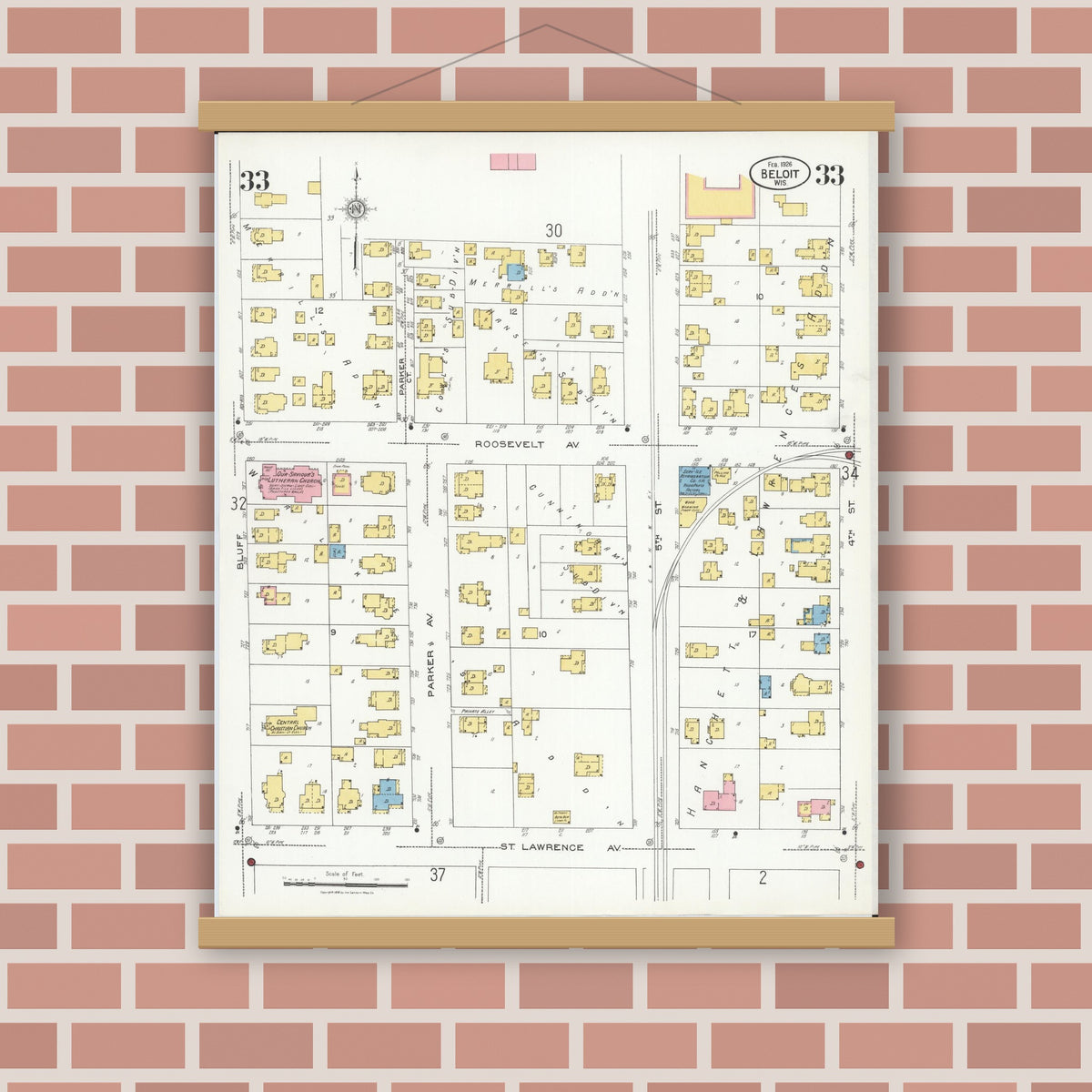 Old map wall art mockup — magnetic wood frame on brick wall — Sanborn Fire Insurance Map from Beloit, Rock County, Wisconsin (1926), Sheet #0033