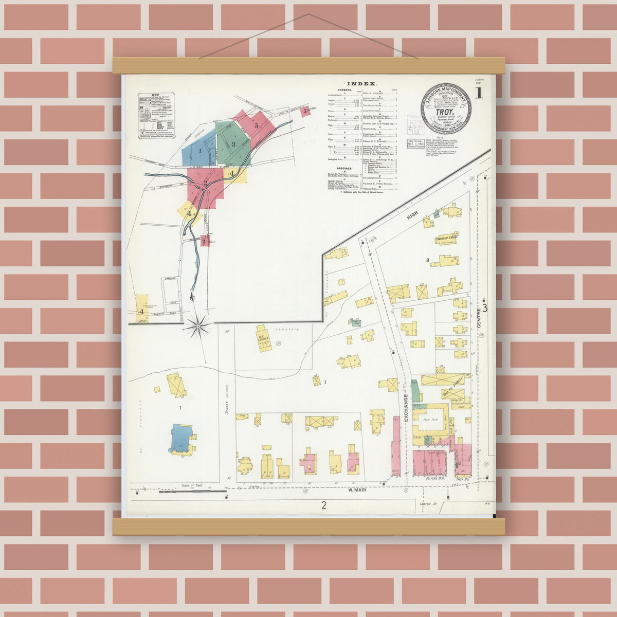 Old map wall art mockup — magnetic wood frame on brick wall — Sanborn Fire Insurance Map from Troy, Bradford County, Pennsylvania (1903) - Complete Map Set