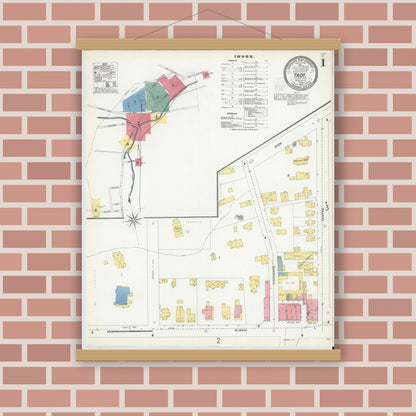 Old map wall art mockup — magnetic wood frame on brick wall — Sanborn Fire Insurance Map from Troy, Bradford County, Pennsylvania (1903) - Complete Map Set