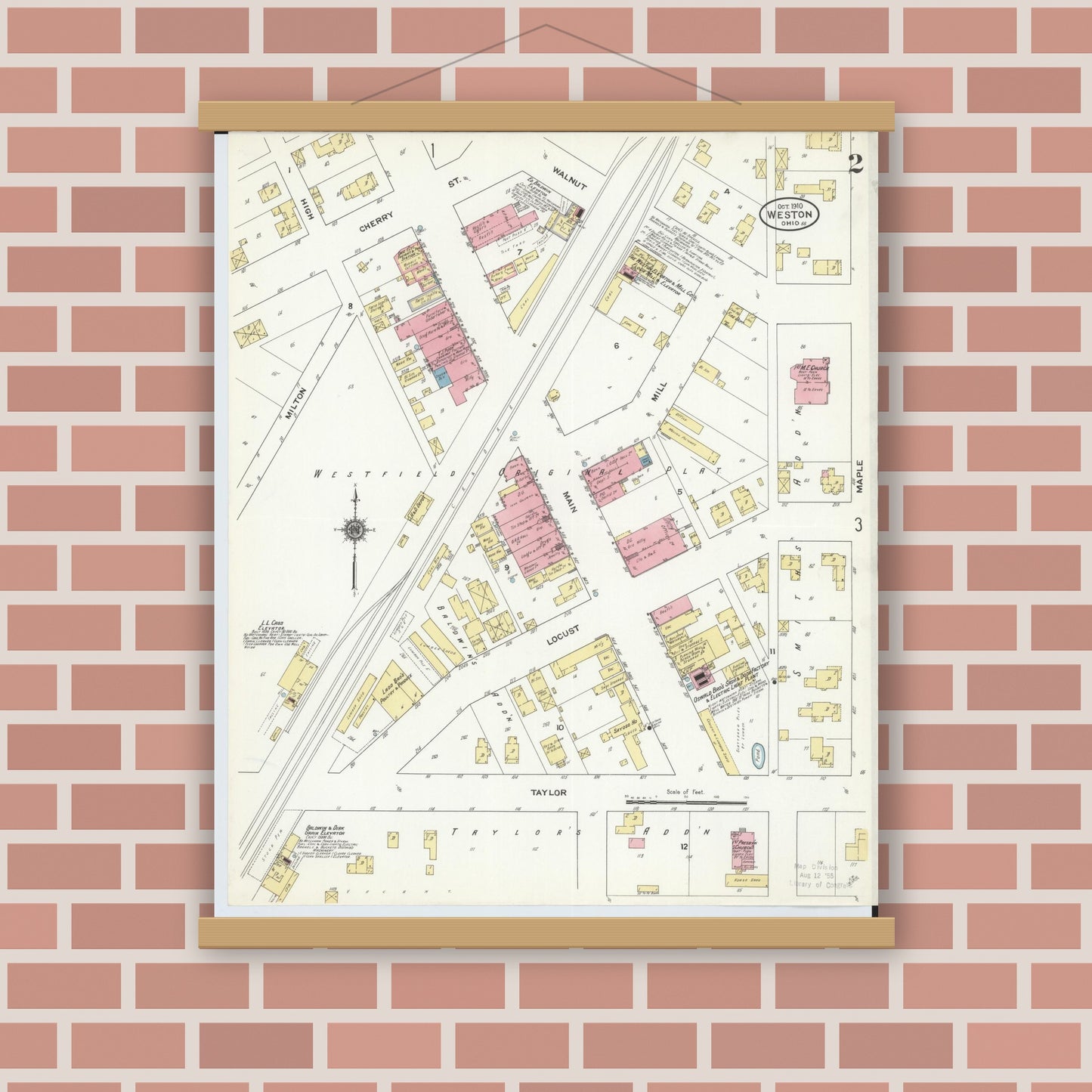 Old map wall art mockup — magnetic wood frame on brick wall — Sanborn Fire Insurance Map from Weston, Wood County, Ohio (1910), Sheet #0002