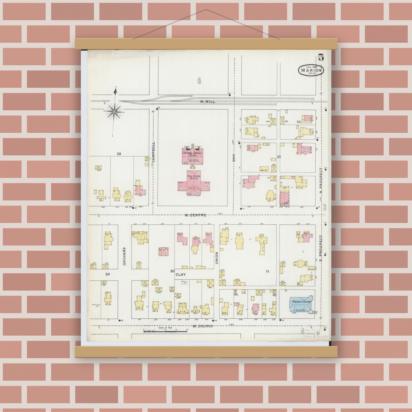Old map wall art mockup — magnetic wood frame on brick wall — Sanborn Fire Insurance Map from Marion, Marion County, Ohio (1895), Sheet #0005