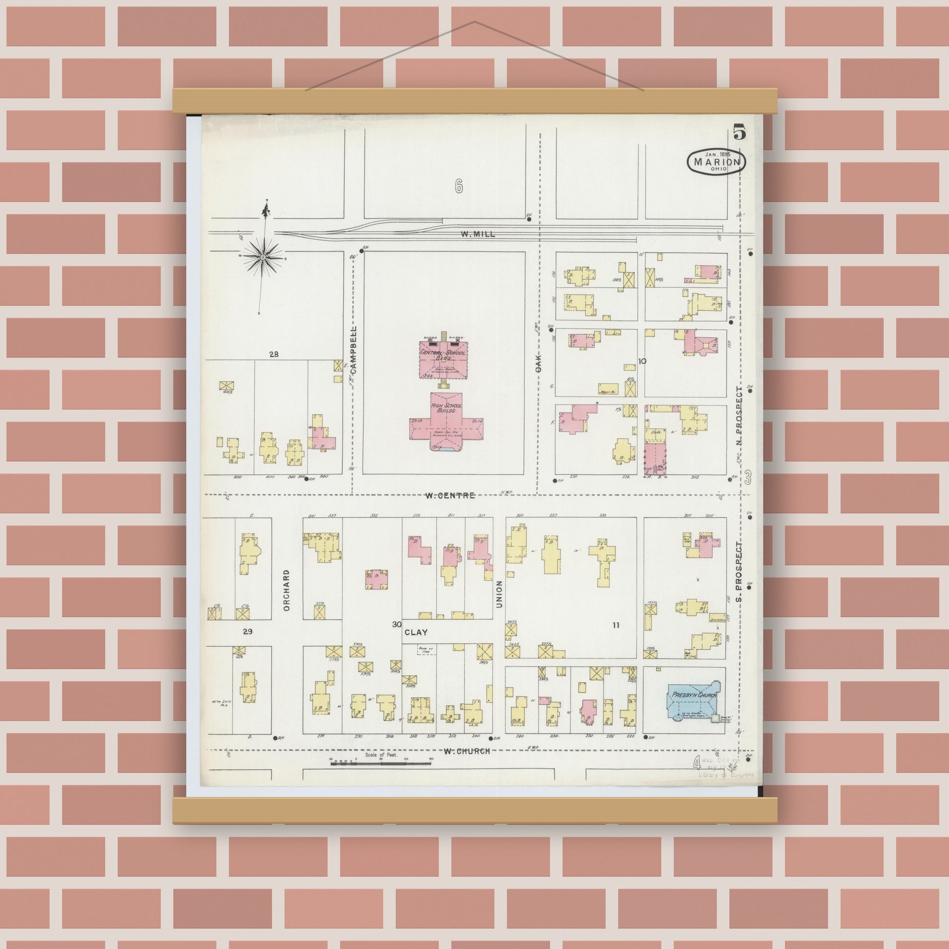 Old map wall art mockup — magnetic wood frame on brick wall — Sanborn Fire Insurance Map from Marion, Marion County, Ohio (1895), Sheet #0005