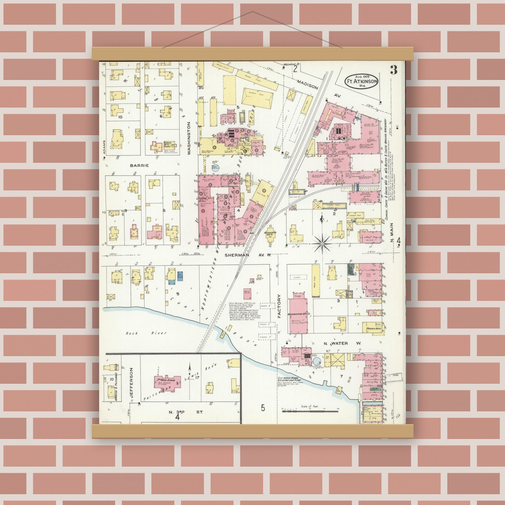 Old map wall art mockup — magnetic wood frame on brick wall — Sanborn Fire Insurance Map from Fort Atkinson, Jefferson County, Wisconsin (1909), Sheet #0003