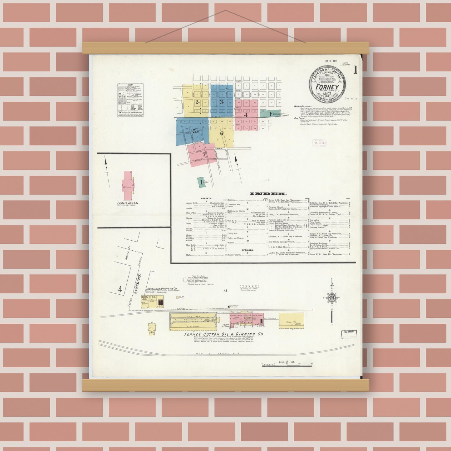 Old map wall art mockup — magnetic wood frame on brick wall — Sanborn Fire Insurance Map from Forney, Kaufman County, Texas (1912), Sheet #0001
