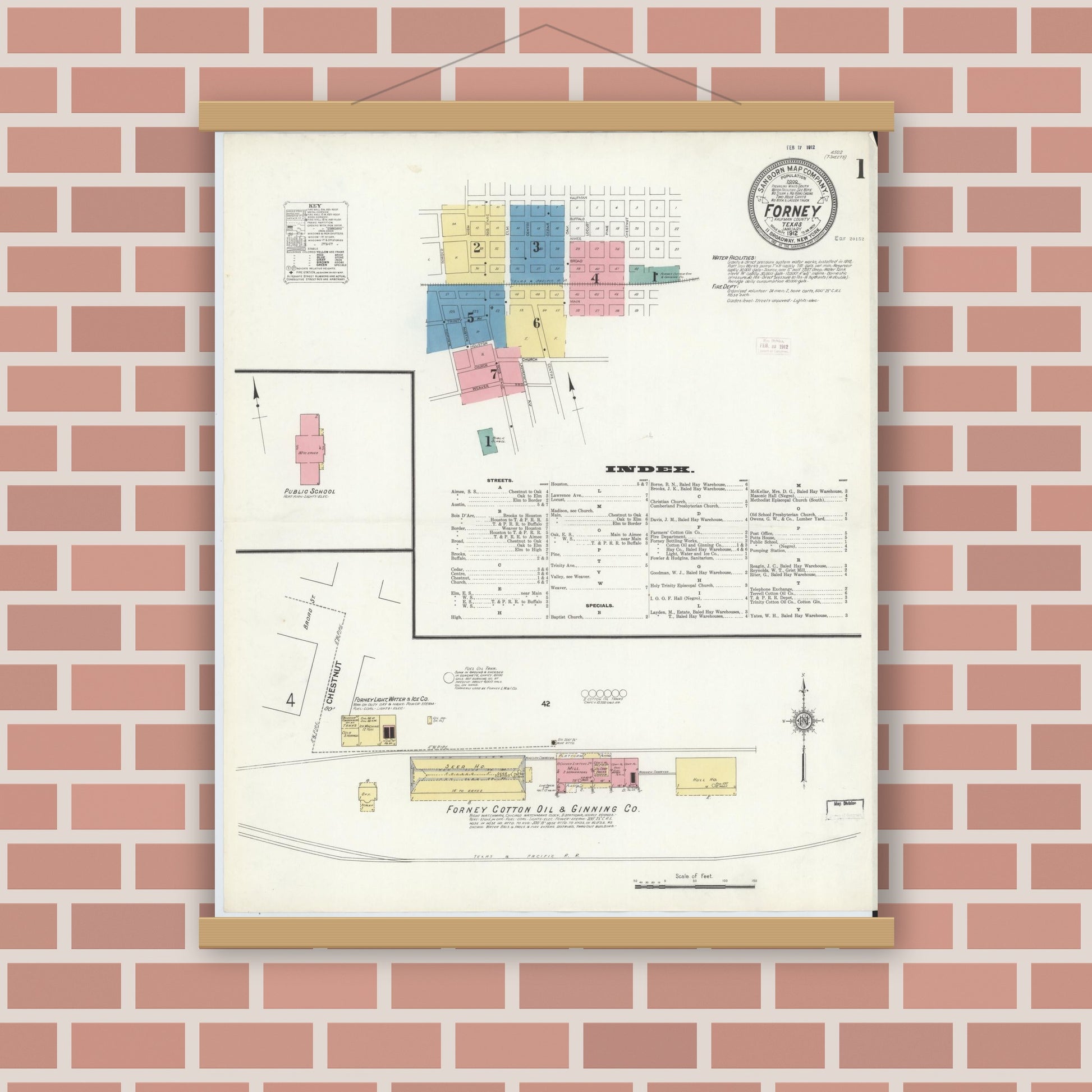 Old map wall art mockup — magnetic wood frame on brick wall — Sanborn Fire Insurance Map from Forney, Kaufman County, Texas (1912), Sheet #0001