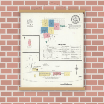 Old map wall art mockup — magnetic wood frame on brick wall — Sanborn Fire Insurance Map from Forney, Kaufman County, Texas (1912), Sheet #0001