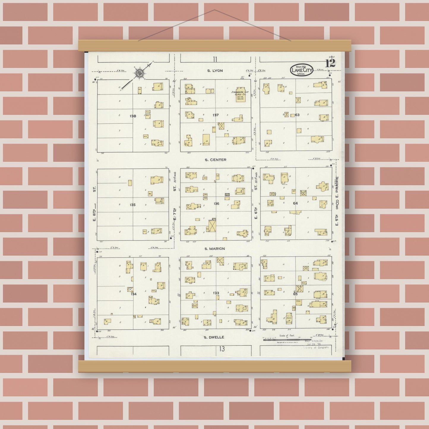 Old map wall art mockup — magnetic wood frame on brick wall — Sanborn Fire Insurance Map from Lake City, Wabasha County, Minnesota (1921), Sheet #0012