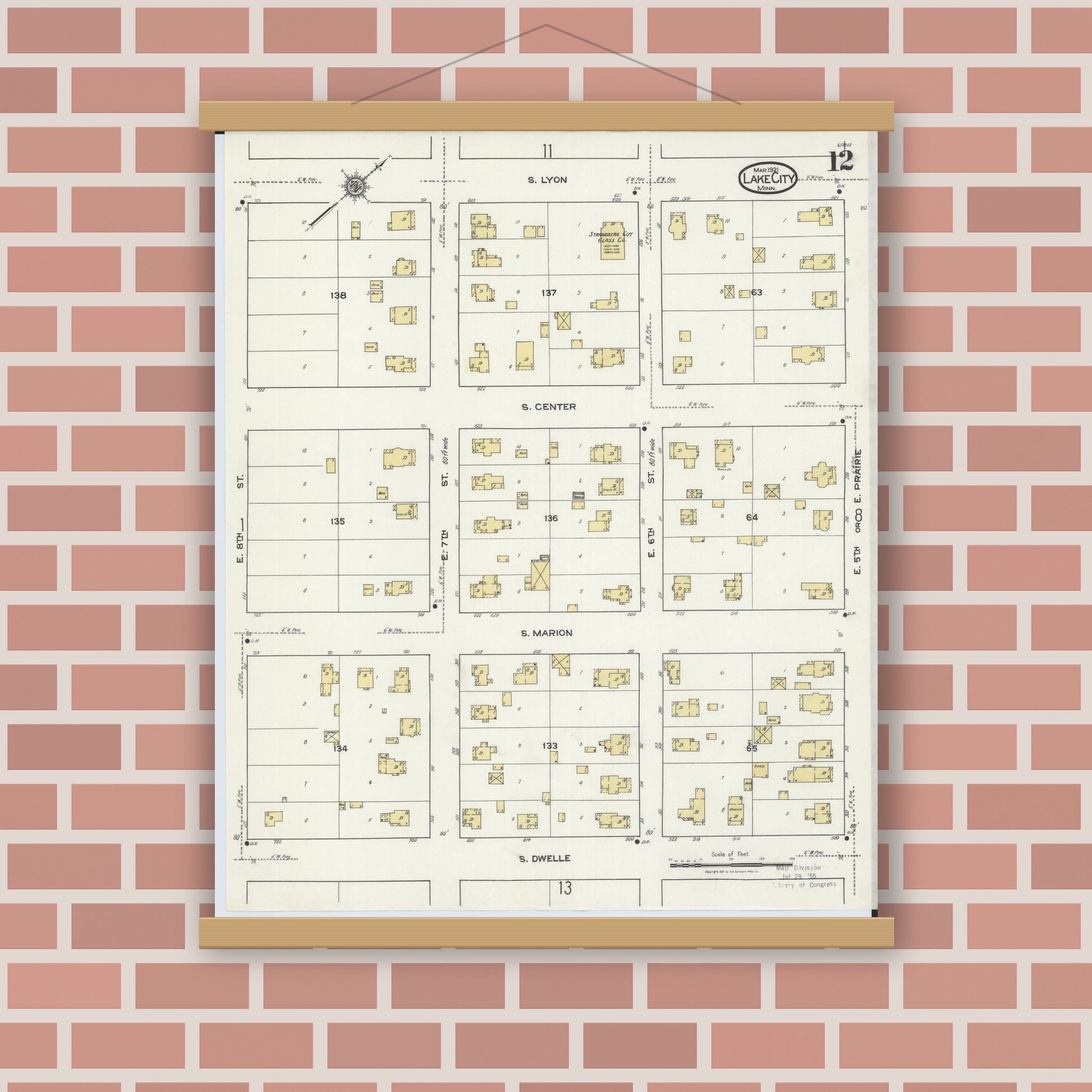 Old map wall art mockup — magnetic wood frame on brick wall — Sanborn Fire Insurance Map from Lake City, Wabasha County, Minnesota (1921), Sheet #0012