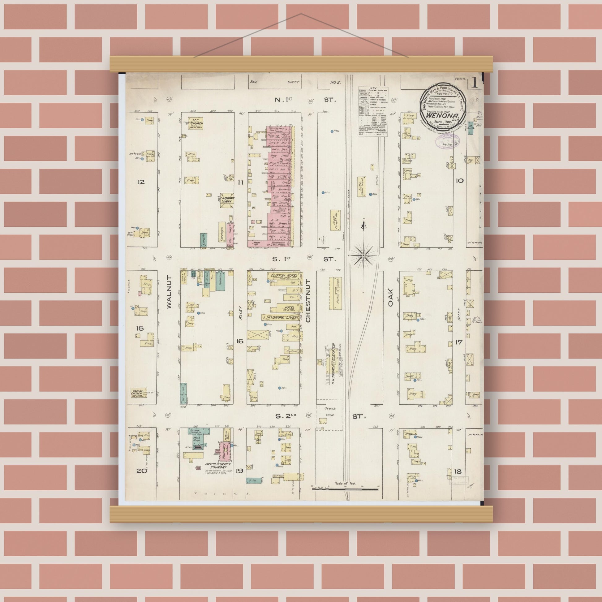 Old map wall art mockup — magnetic wood frame on brick wall — Sanborn Fire Insurance Map from Wenona, Marshall County, Illinois (1885), Sheet #0001