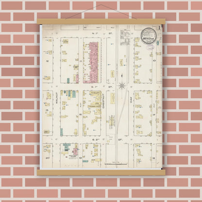 Old map wall art mockup — magnetic wood frame on brick wall — Sanborn Fire Insurance Map from Wenona, Marshall County, Illinois (1885), Sheet #0001