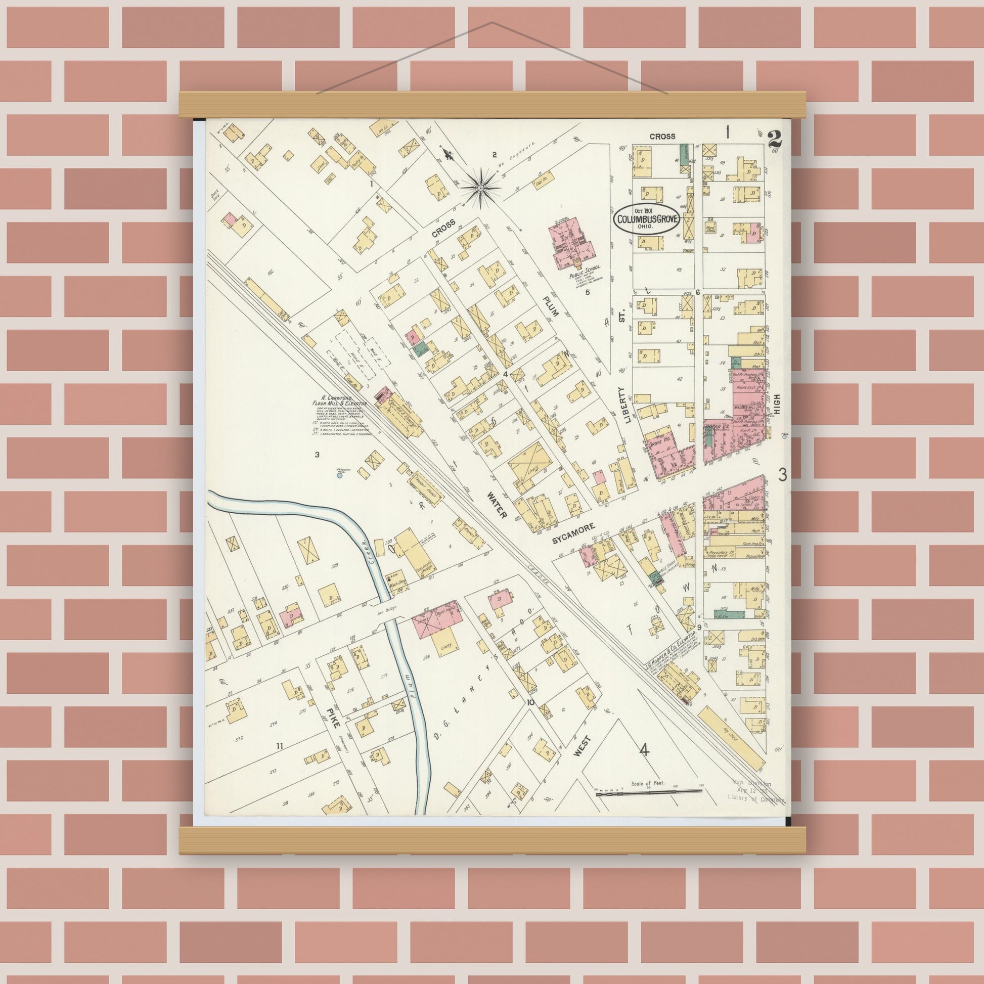 Old map wall art mockup — magnetic wood frame on brick wall — Sanborn Fire Insurance Map from Columbus Grove, Putnam County, Ohio (1901), Sheet #0002