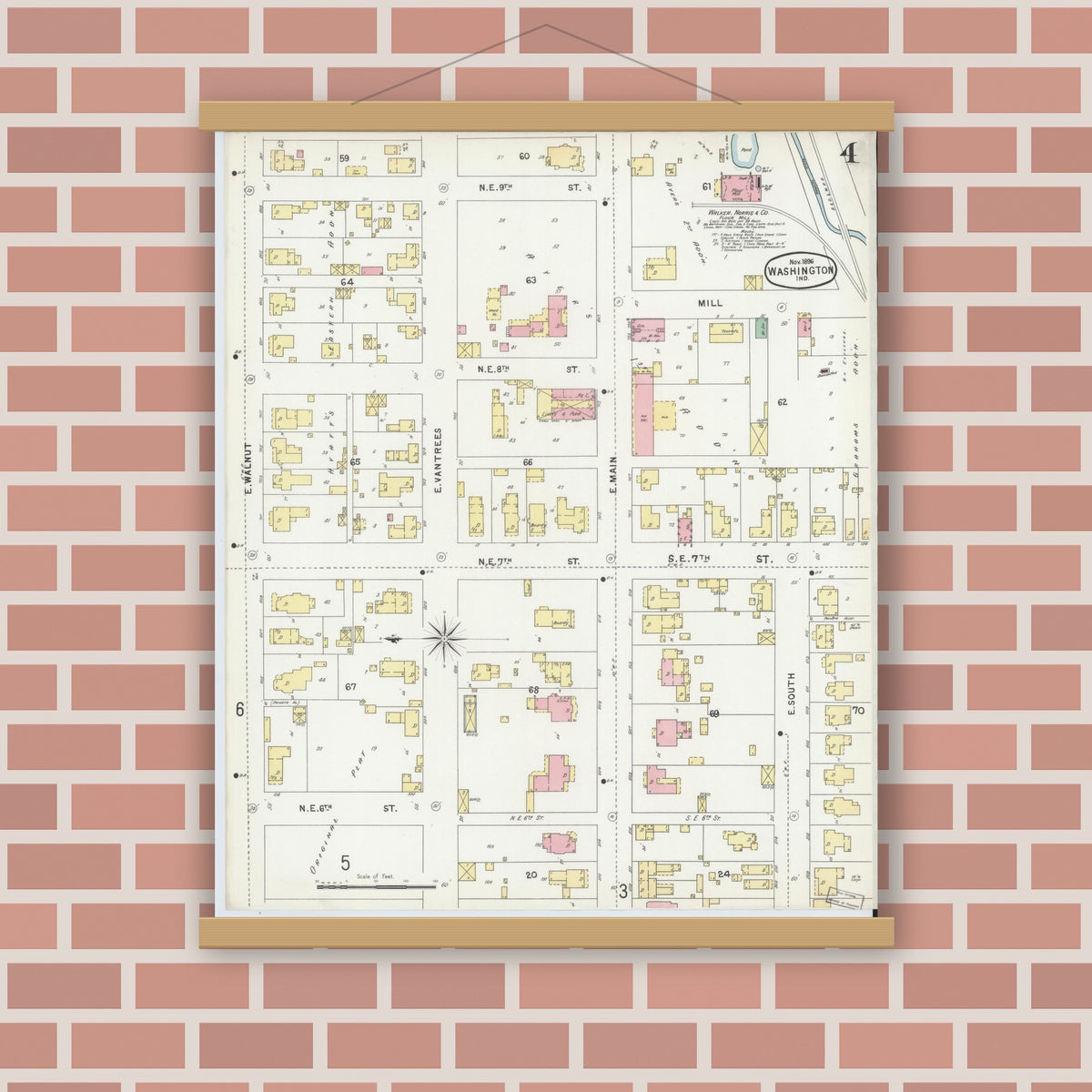 Old map wall art mockup — magnetic wood frame on brick wall — Sanborn Fire Insurance Map from Washington, Daviess County, Indiana (1896), Sheet #0004