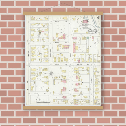 Old map wall art mockup — magnetic wood frame on brick wall — Sanborn Fire Insurance Map from Washington, Daviess County, Indiana (1896), Sheet #0004